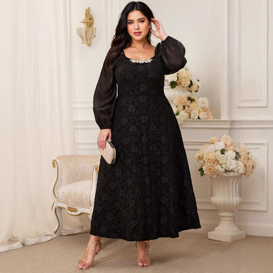 Middle Eastern style net color large size long dress | Jacquard fabric + mesh splicing sleeves + diamond neckline