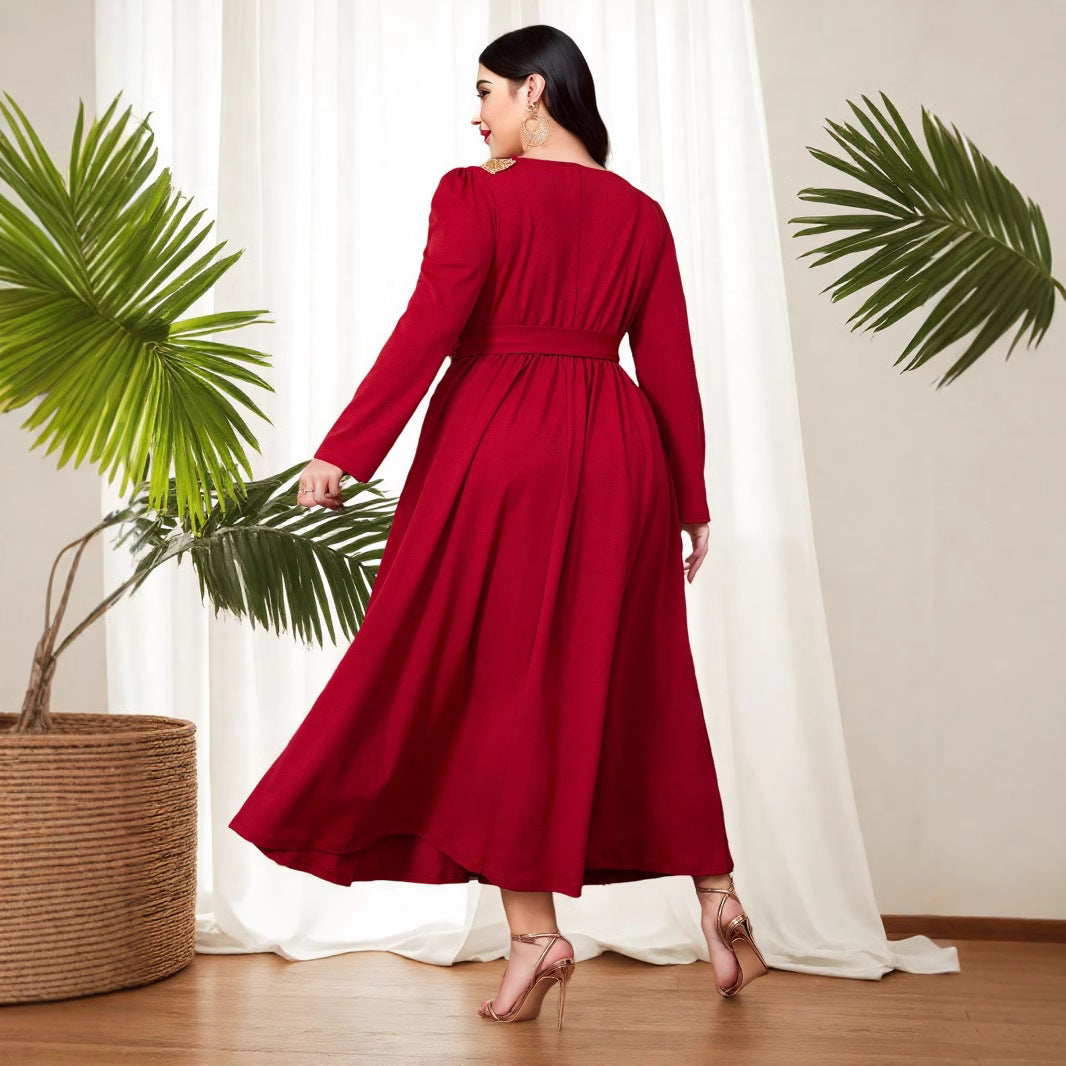 Middle Eastern Amazon Muslim Long Sleeve Dress Lace Solid Color Dress