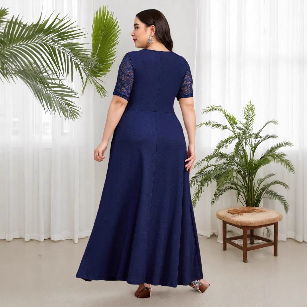 Cross-border Muslim Amazon large-size clear color lace stitching knitted elastic slim-fit elegant dress
