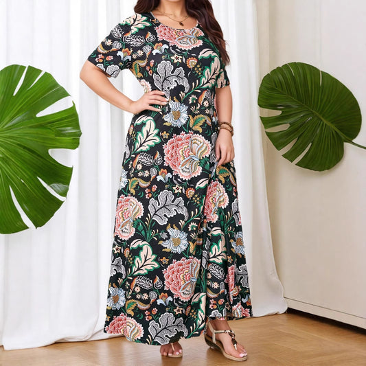 Cross-Border Amazon Vacation Large Size Tropical Print Bohemian Short Sleeve Dress