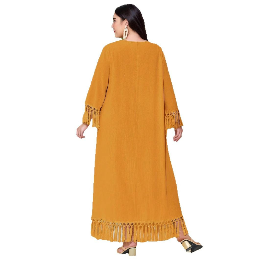 Cross-border Middle East hand hook splicing long tassel beach dress loose blouse large size dress A1946 Muslim