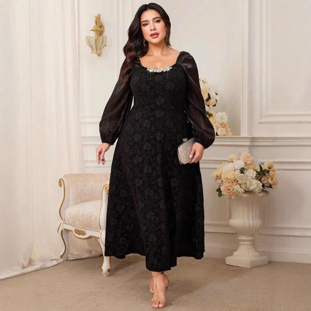 Middle Eastern style net color large size long dress | Jacquard fabric + mesh splicing sleeves + diamond neckline