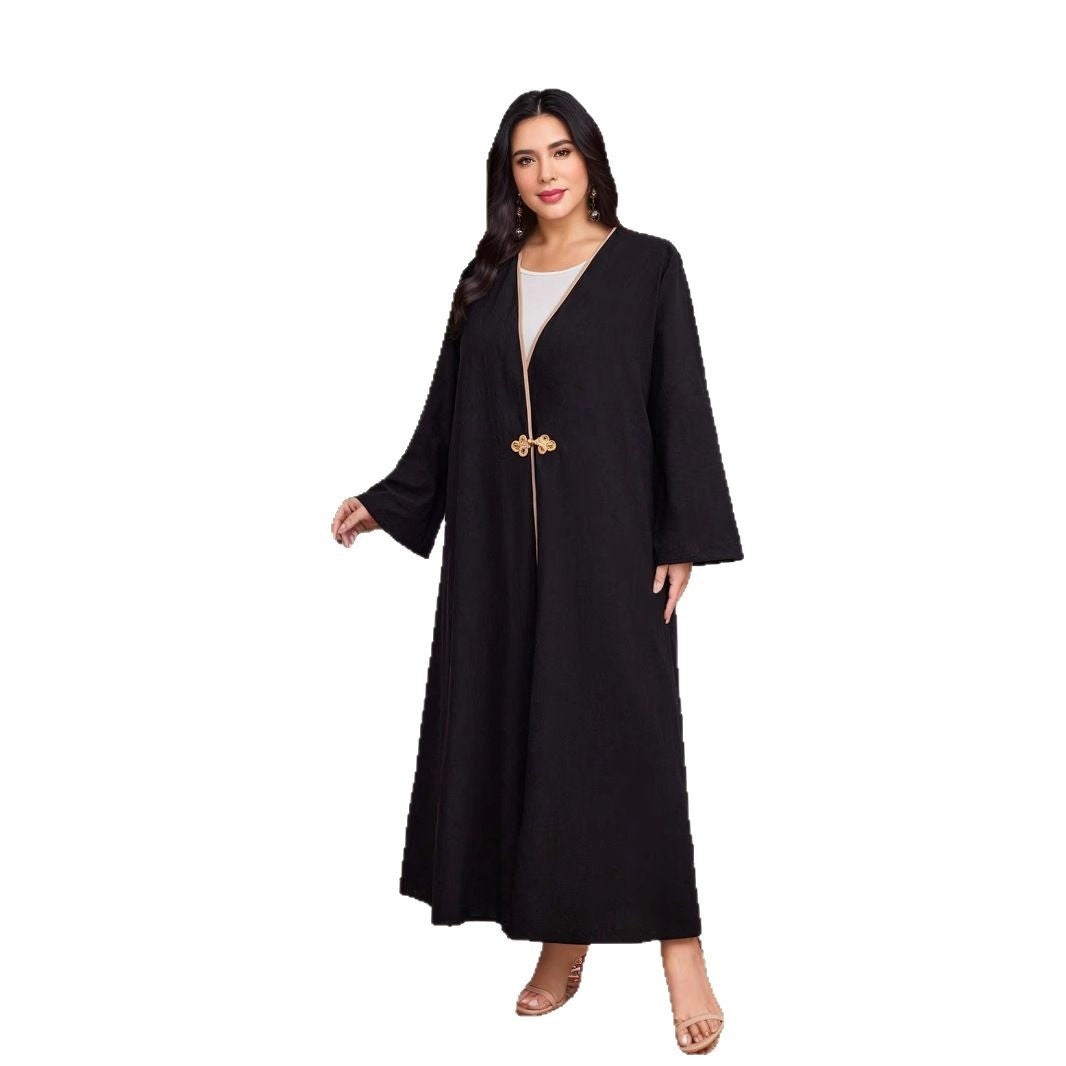 Cotton and linen net color robe cardigan | Placket contrasting design + traditional buckle | Large size women's clothing | Muslim