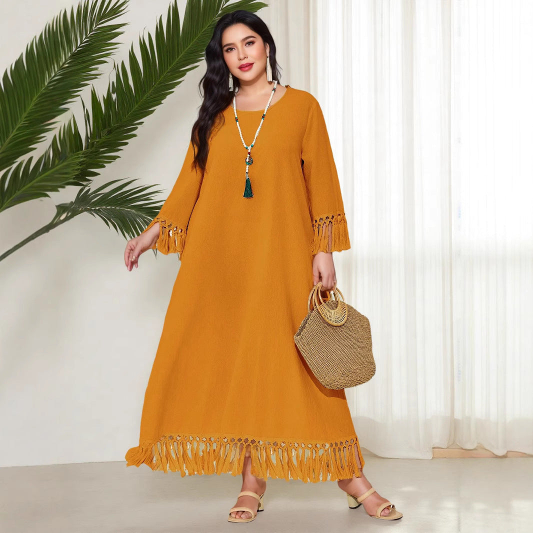 Cross-border Middle East hand hook splicing long tassel beach dress loose blouse large size dress A1946 Muslim
