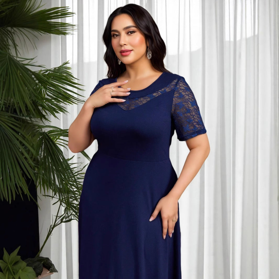 Cross-border Muslim Amazon large-size clear color lace stitching knitted elastic slim-fit elegant dress