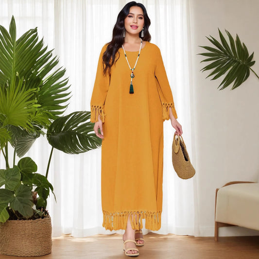 Cross-border Middle East hand hook splicing long tassel beach dress loose blouse large size dress A1946 Muslim