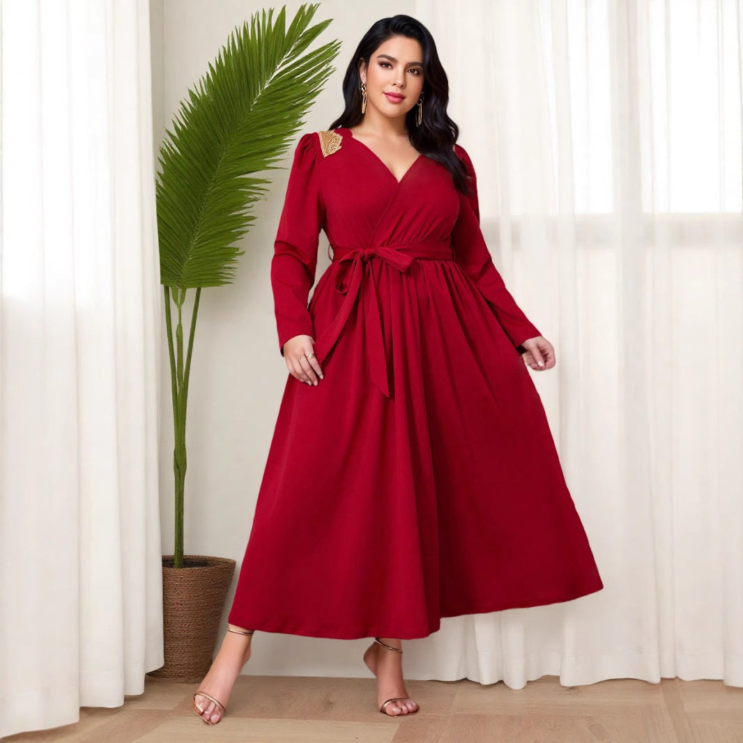 Middle Eastern Amazon Muslim Long Sleeve Dress Lace Solid Color Dress