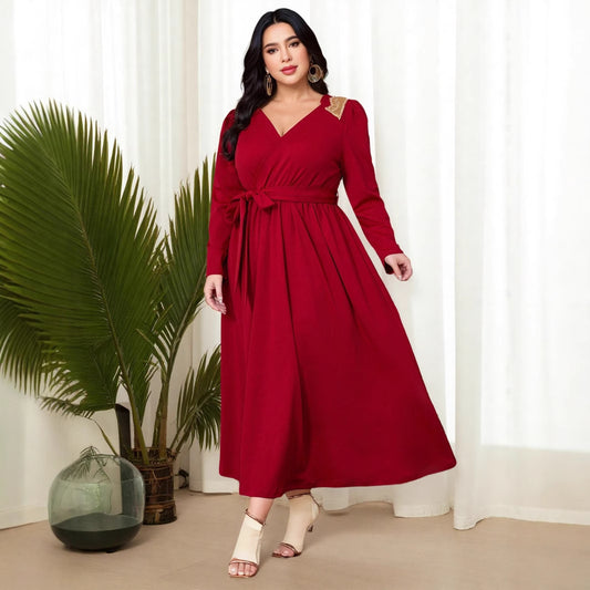Middle Eastern Amazon Muslim Long Sleeve Dress Lace Solid Color Dress