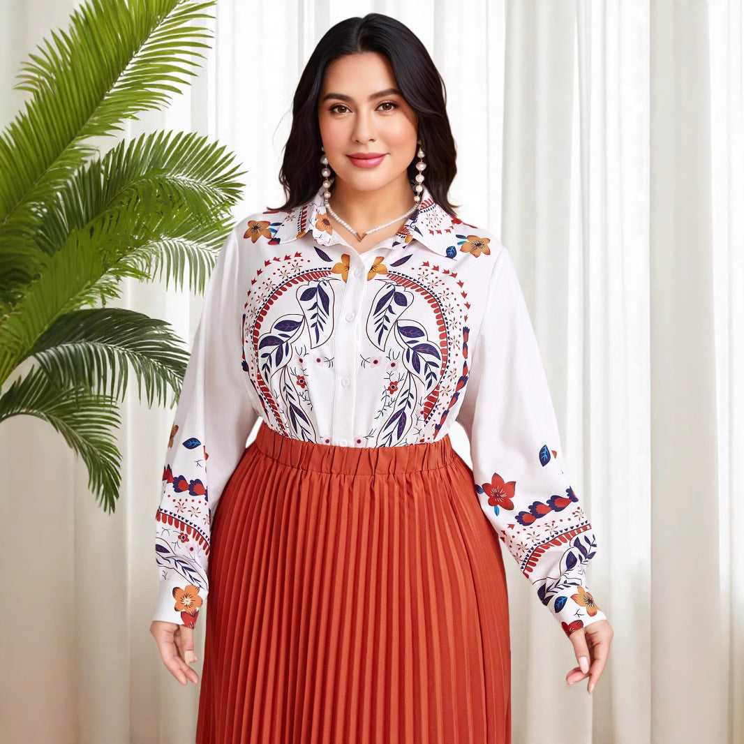 suit women's pleated skirt long-sleeved printing cross-border Amazon temperament Muslim printed shirt pleated large size