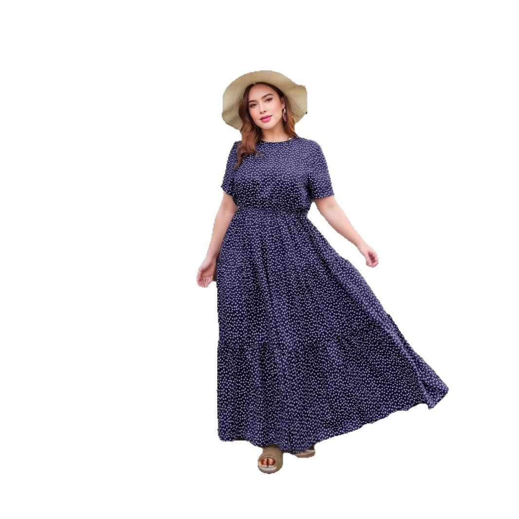 Real shot cross-border European and American large-size women's clothing Amazon large-size dress foreign trade printing crew neck dress
