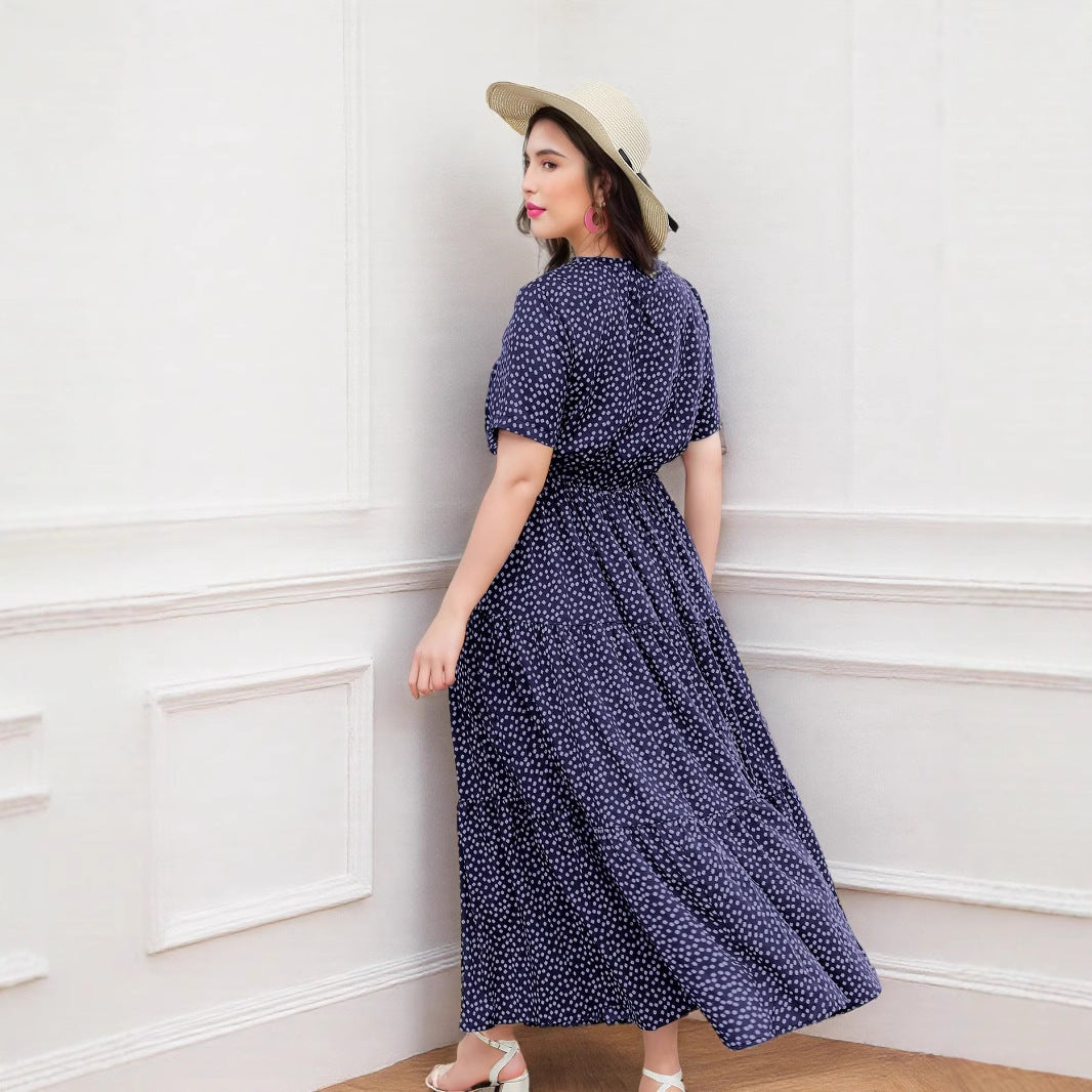 Real shot cross-border European and American large-size women's clothing Amazon large-size dress foreign trade printing crew neck dress