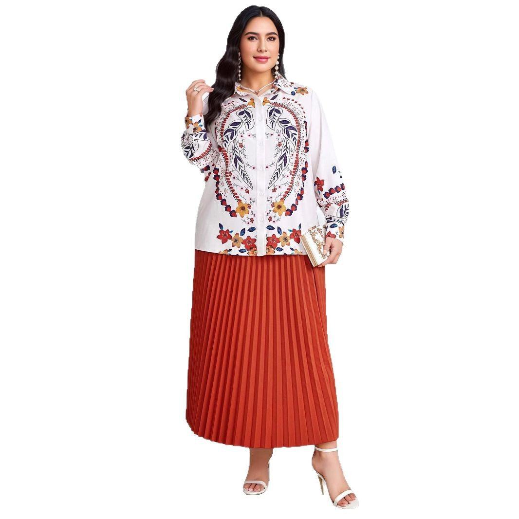 suit women's pleated skirt long-sleeved printing cross-border Amazon temperament Muslim printed shirt pleated large size