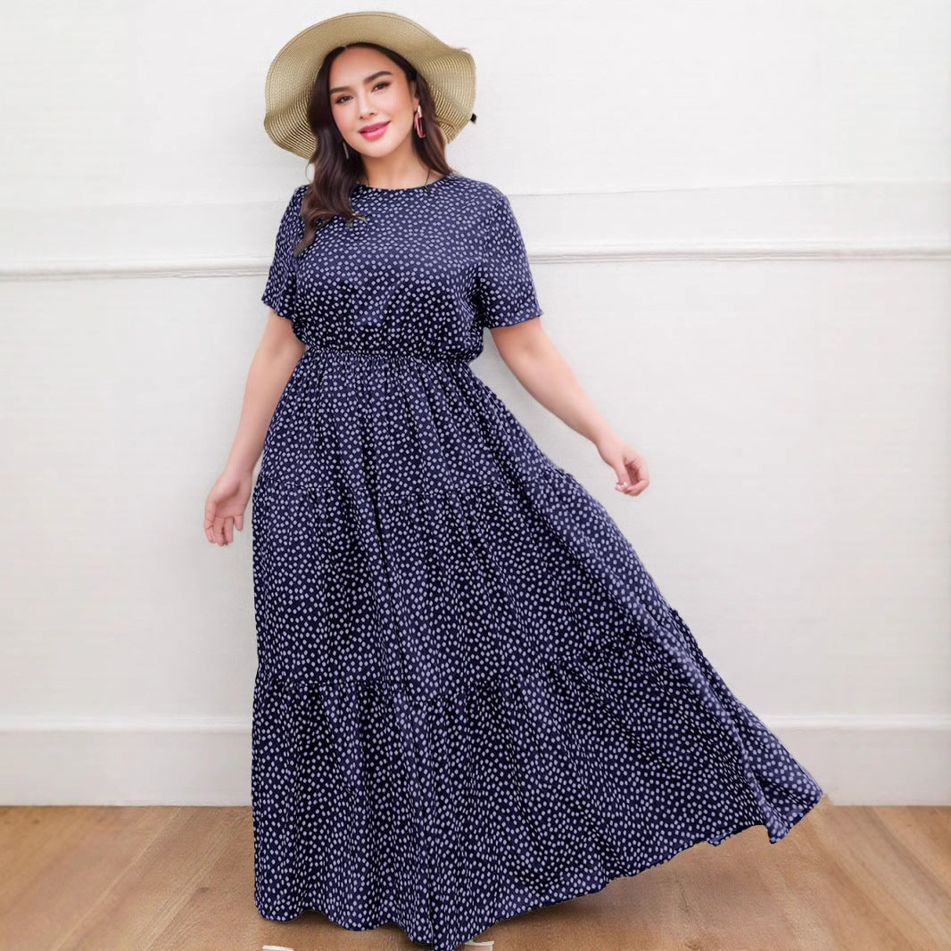 Real shot cross-border European and American large-size women's clothing Amazon large-size dress foreign trade printing crew neck dress