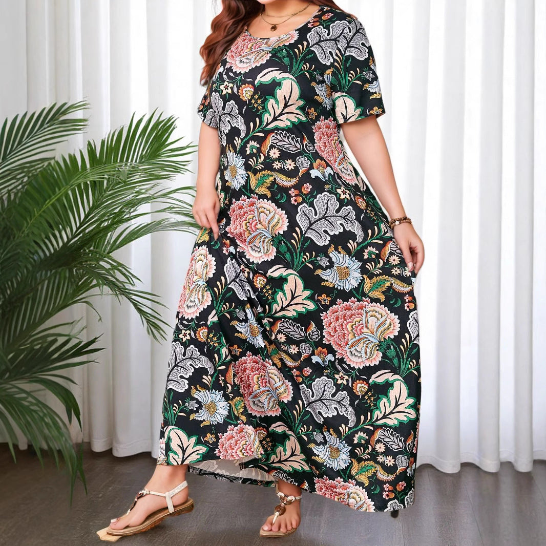 Cross-Border Amazon Vacation Large Size Tropical Print Bohemian Short Sleeve Dress