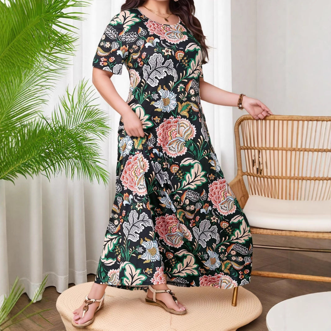 Cross-Border Amazon Vacation Large Size Tropical Print Bohemian Short Sleeve Dress