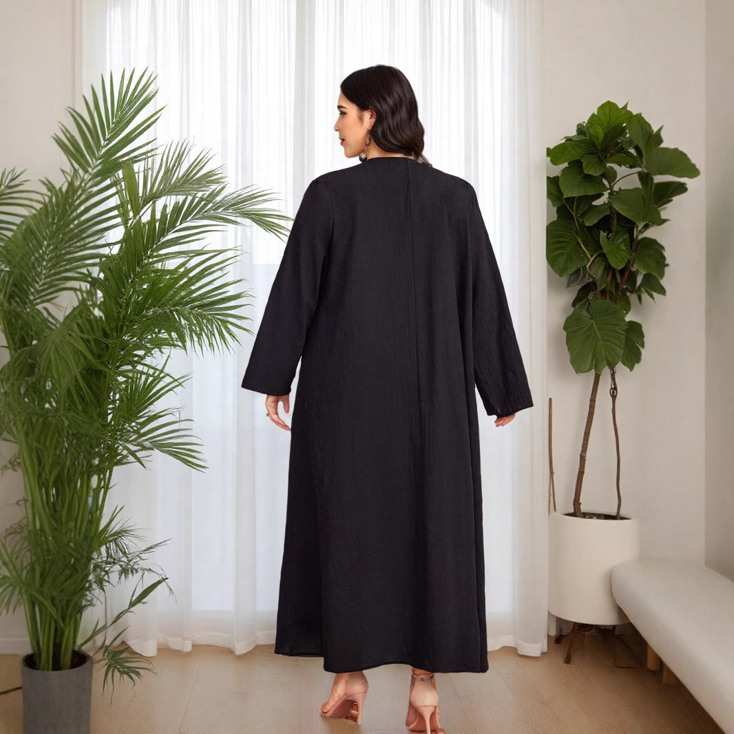 Cotton and linen net color robe cardigan | Placket contrasting design + traditional buckle | Large size women's clothing | Muslim