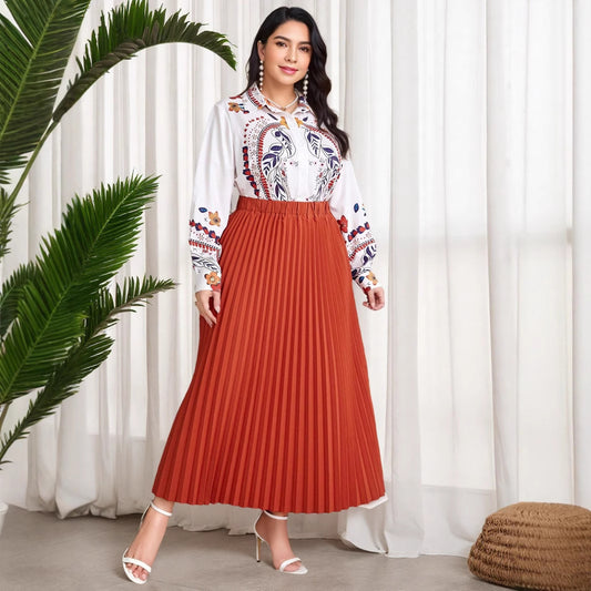 suit women's pleated skirt long-sleeved printing cross-border Amazon temperament Muslim printed shirt pleated large size