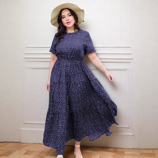 Real shot cross-border European and American large-size women's clothing Amazon large-size dress foreign trade printing crew neck dress