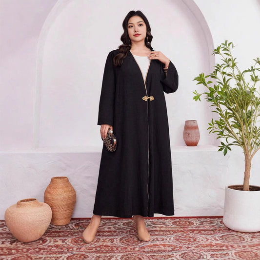 Cotton and linen net color robe cardigan | Placket contrasting design + traditional buckle | Large size women's clothing | Muslim
