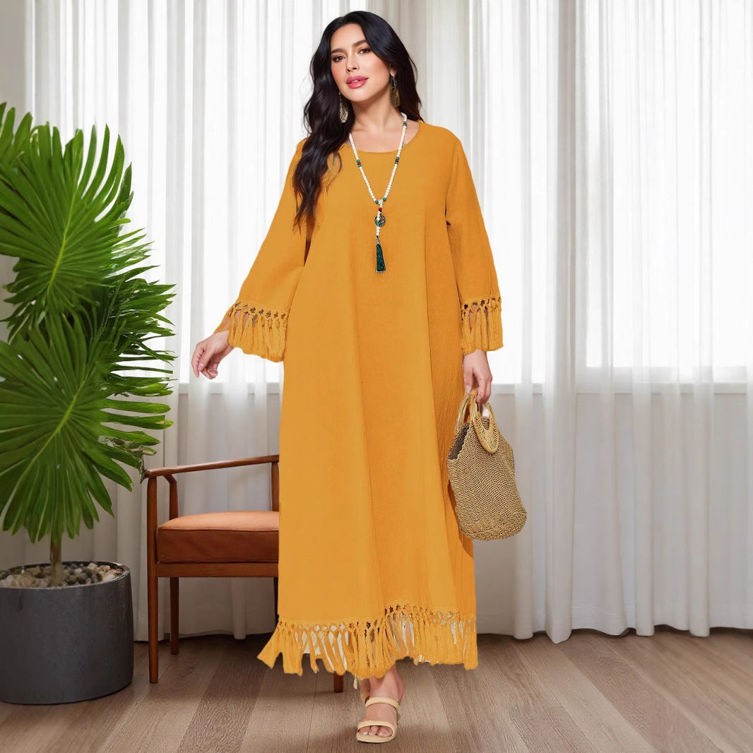 Cross-border Middle East hand hook splicing long tassel beach dress loose blouse large size dress A1946 Muslim