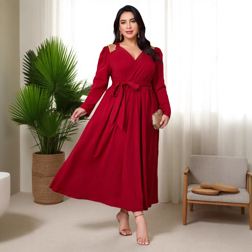 Middle Eastern Amazon Muslim Long Sleeve Dress Lace Solid Color Dress