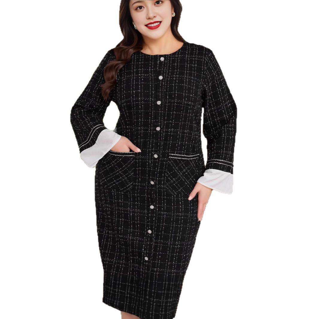 Cross-border Amazon Middle East Thousand Birds Grid Long Sleeve Fashion Dress New Xiaoxiangfeng Crew Neck Large Size Dress