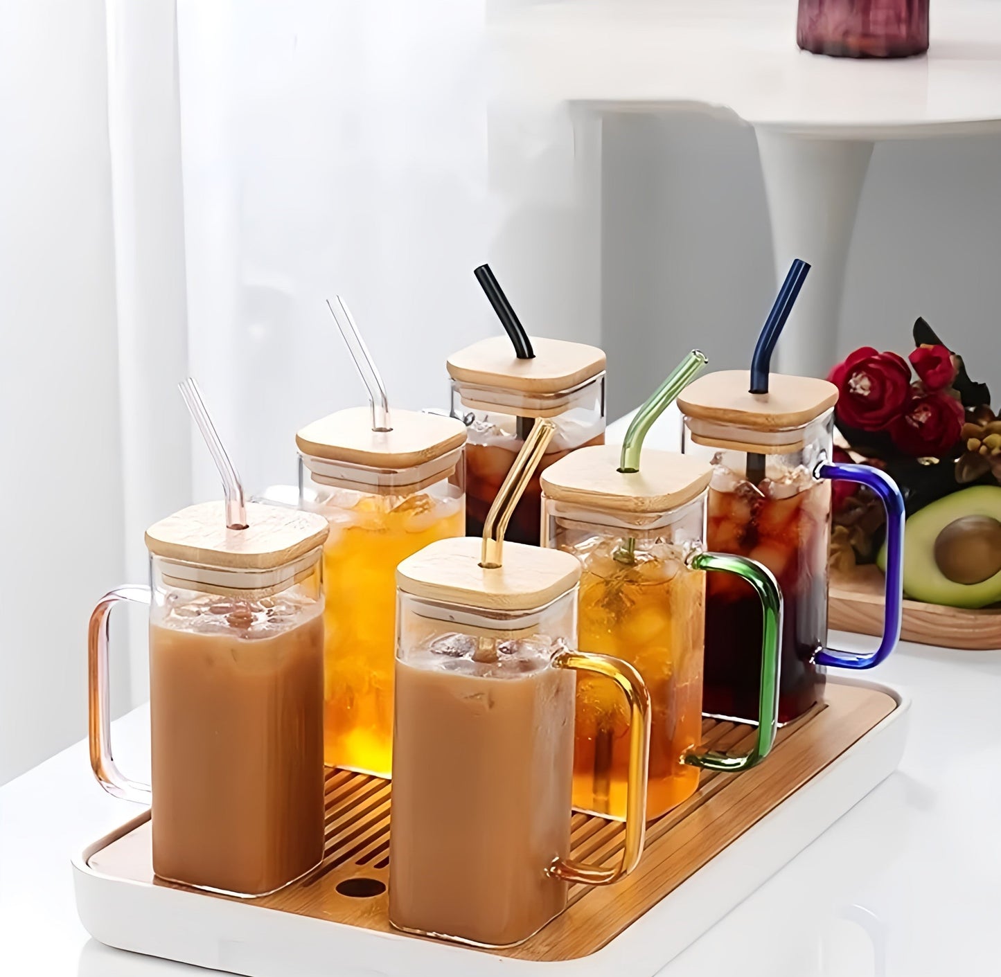 Square Glass Cups with Straws