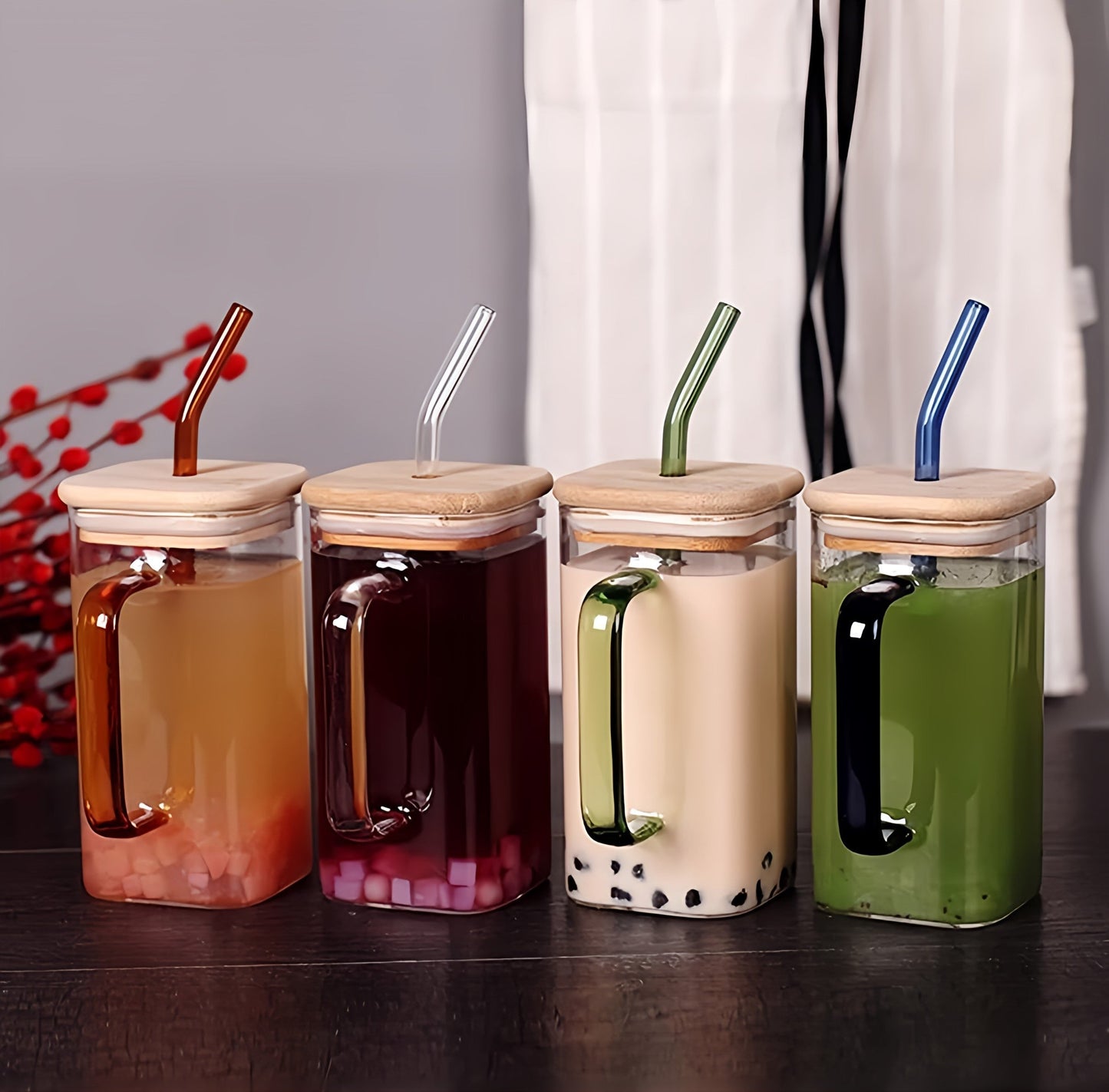 Square Glass Cups with Straws
