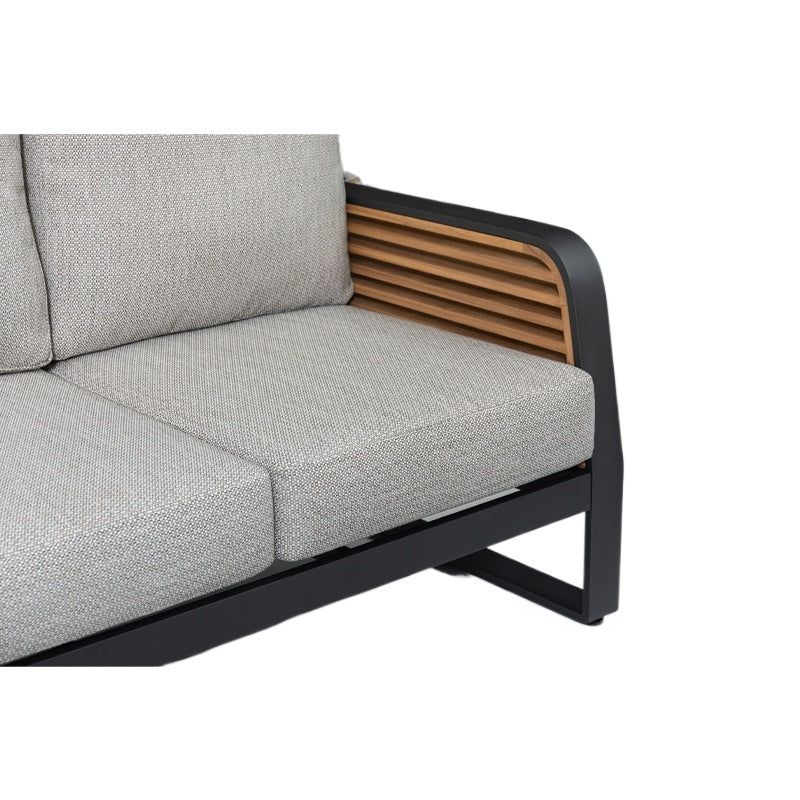 Aluminum frame casual fabric 2-seater sofa with teak arms and back for outdoor furniture in garden hotel villas